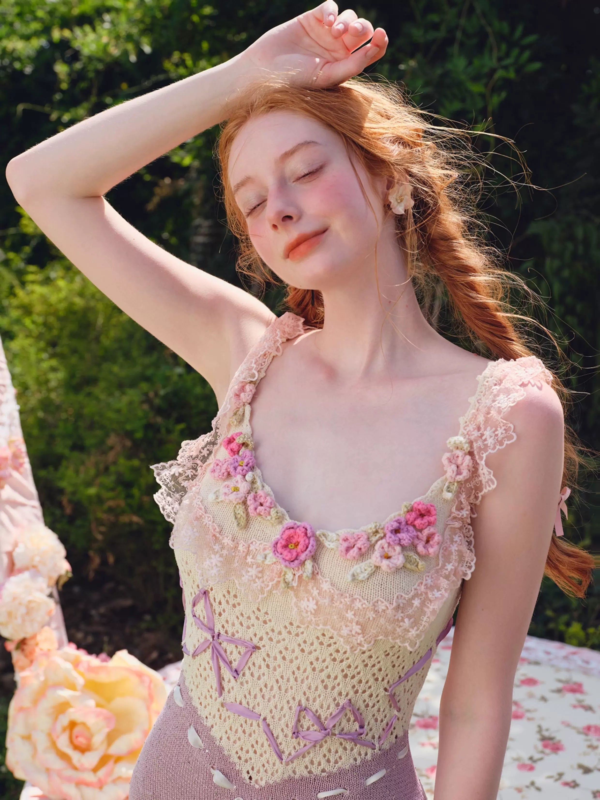 Vintage Crochet-Detail Purple Knit Slip Dress