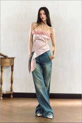 Blue Distressed Low-rise Wide-leg Jeans - CHINASQUAD