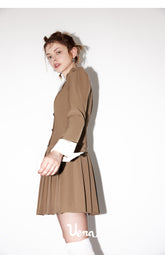 Khaki Doll Collar Pleated Dress - CHINASQUAD