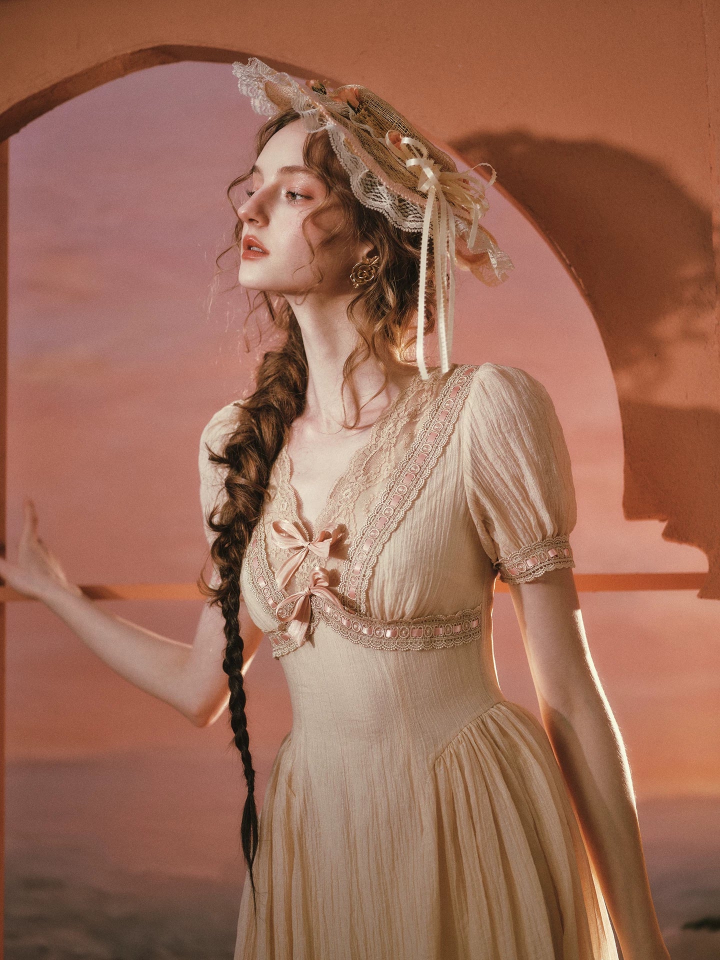 Sunset Rose French Vintage V-Neck Waist-Cinching Dress