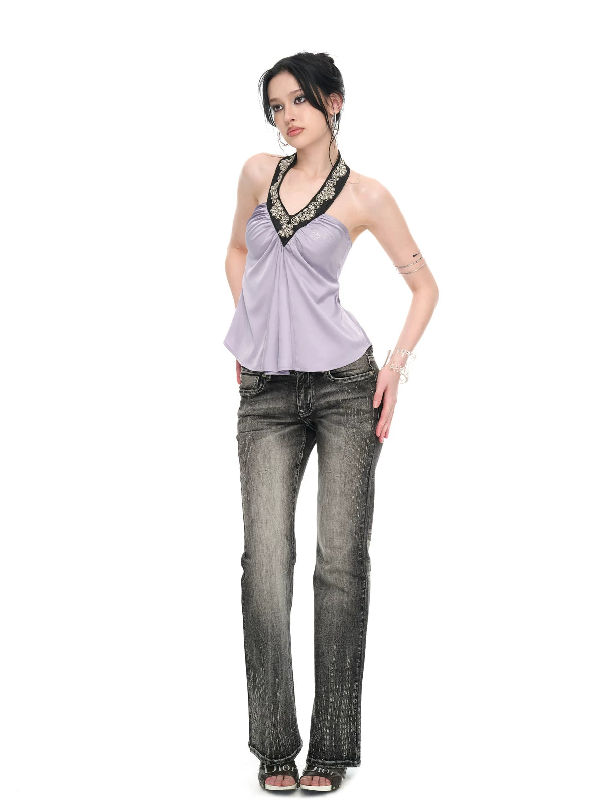 Lilac Satin Sequin Halter Neck Backless Draped Blouse