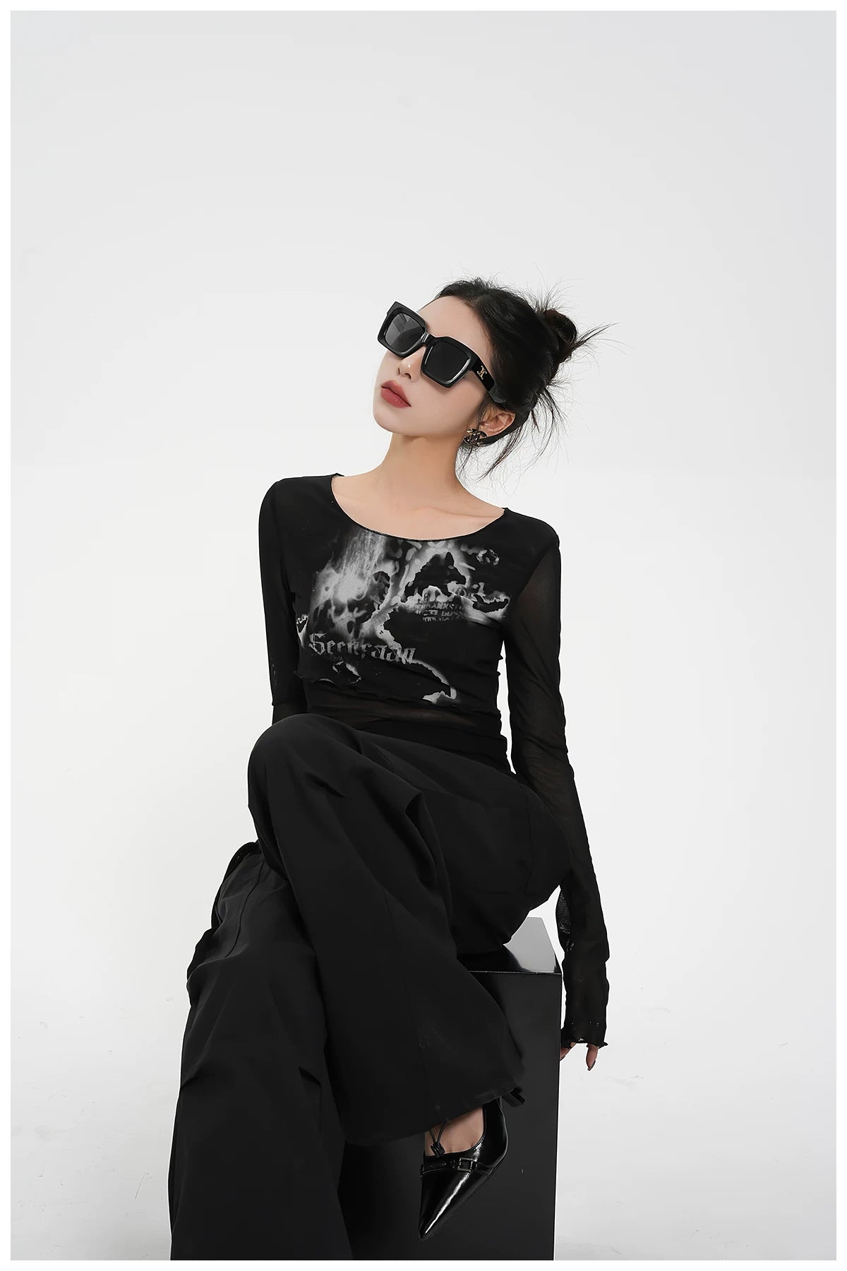 Street-Style Printed Mesh Long-Sleeve T-Shirt