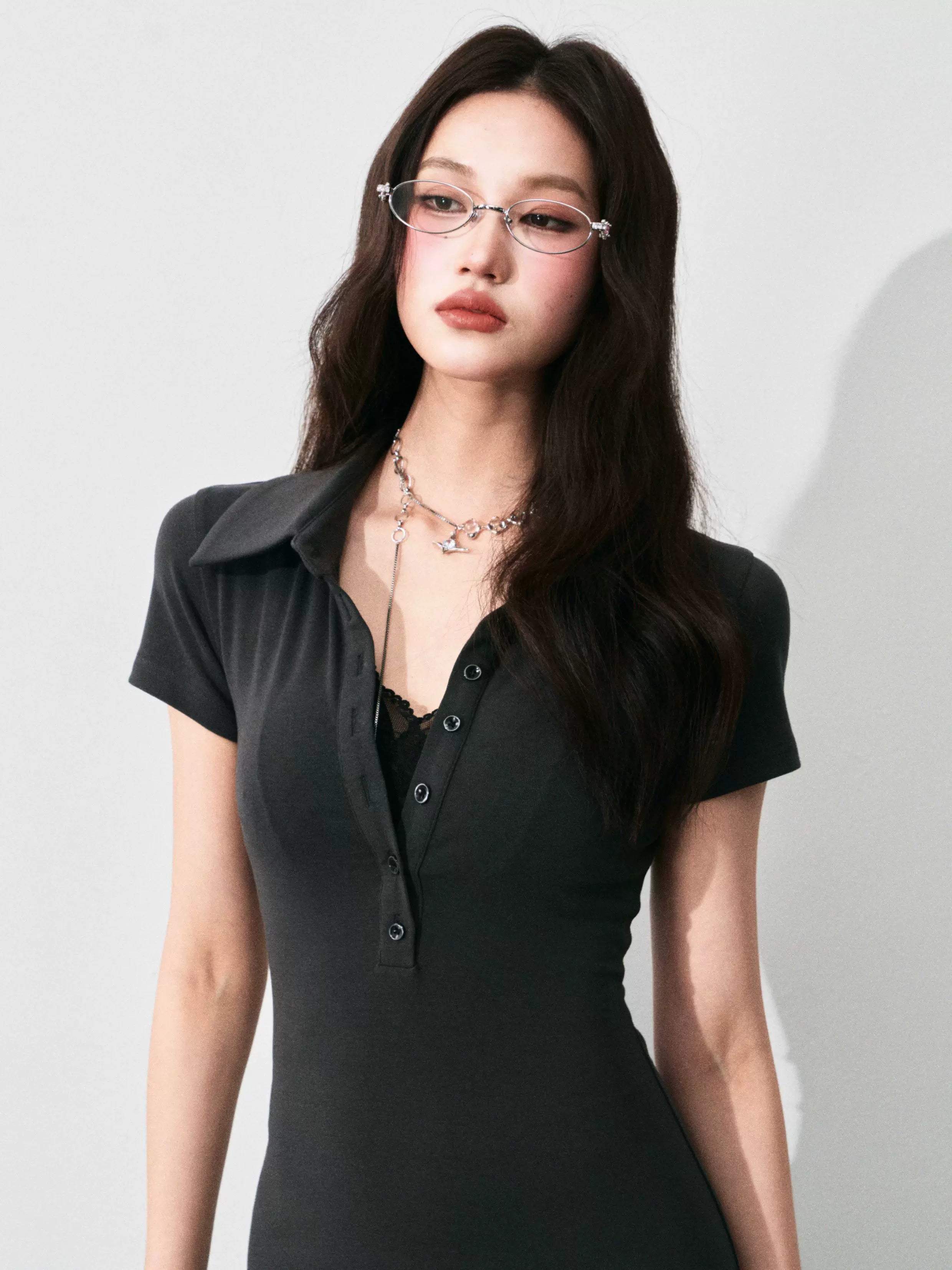 Half-Placket Polo Collar Knit Maxi Dress