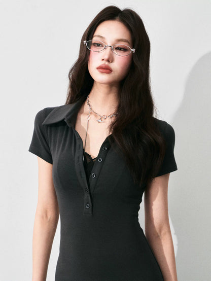 Half-Placket Polo Collar Knit Maxi Dress