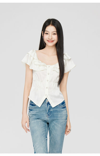White Ruffled Square Shoulder Shirt - CHINASQUAD
