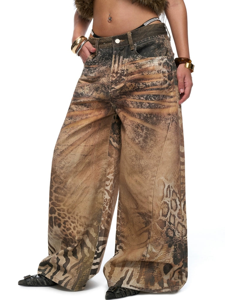 Washed Wide-Leg Printed Denim Pants