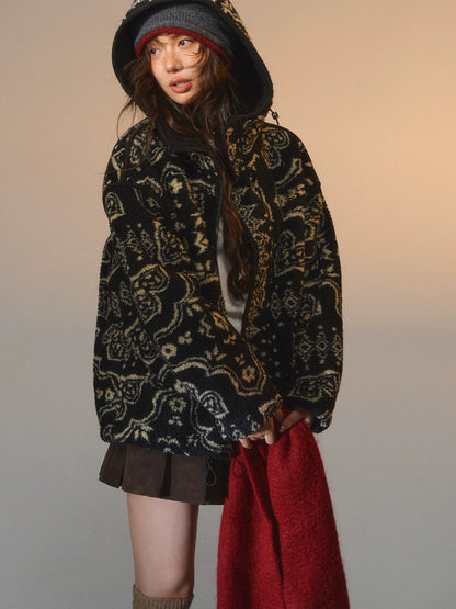 Jacquard Fleece Hooded Casual Jacket