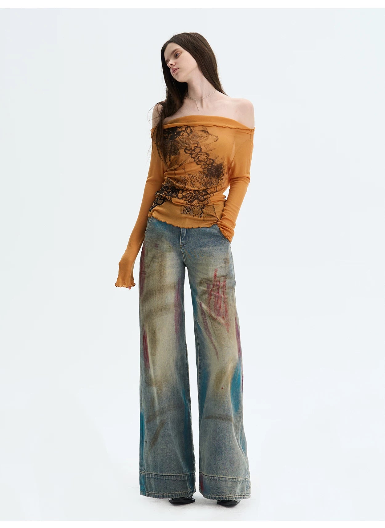 Washed Blue Graffiti Straight-Leg Denim Jeans