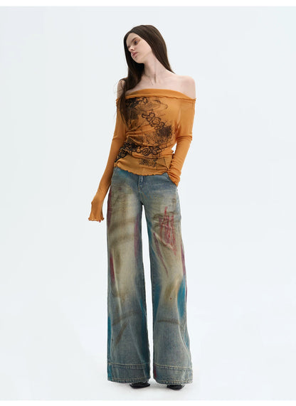 Washed Blue Graffiti Straight-Leg Denim Jeans