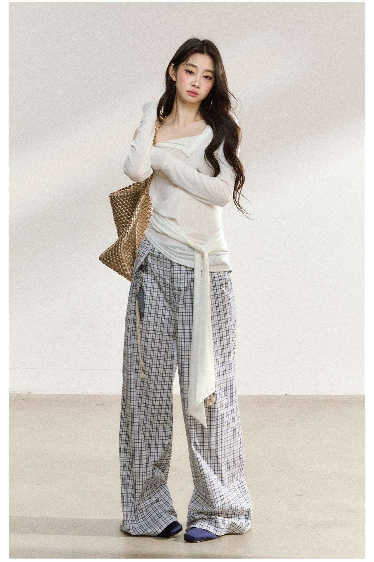 Asymmetric Shoulder Cross-Tie Knit T-Shirt