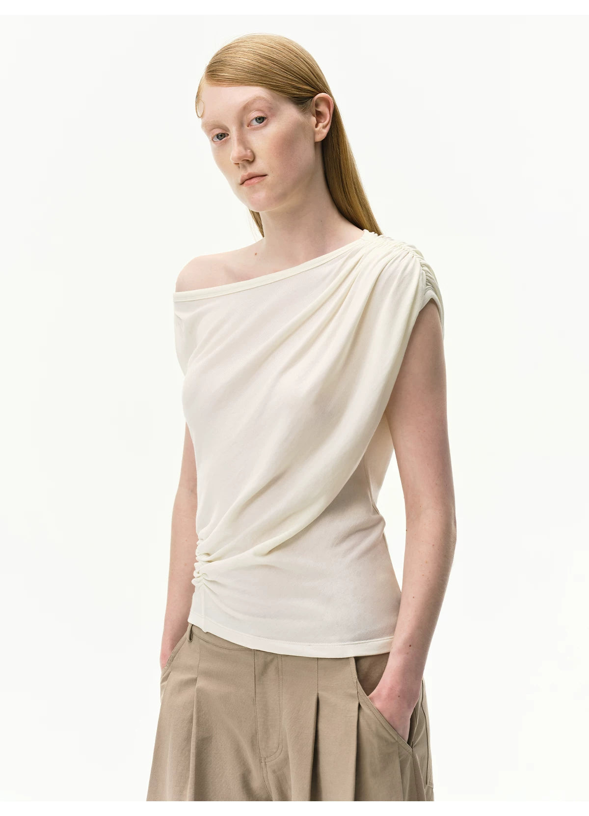 Asymmetrical Draped Lyocell-Wool T-Shirt