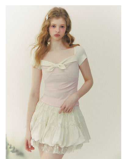 Contrast Bow Square-Neck Fitted Tee