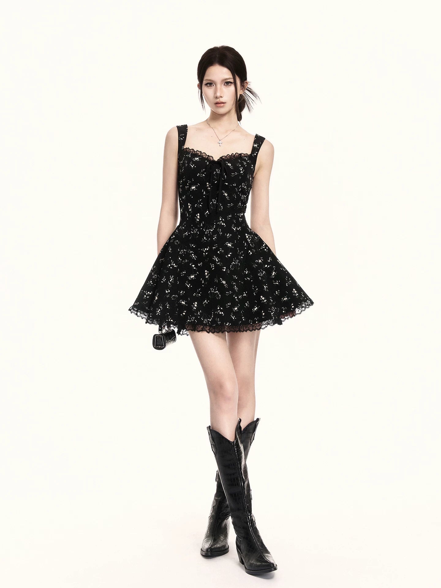 Midnight Bloom Square-Neck Floral Mini Dress