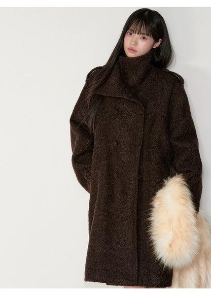 Stand-Collar Bouclé Wool Long Coat