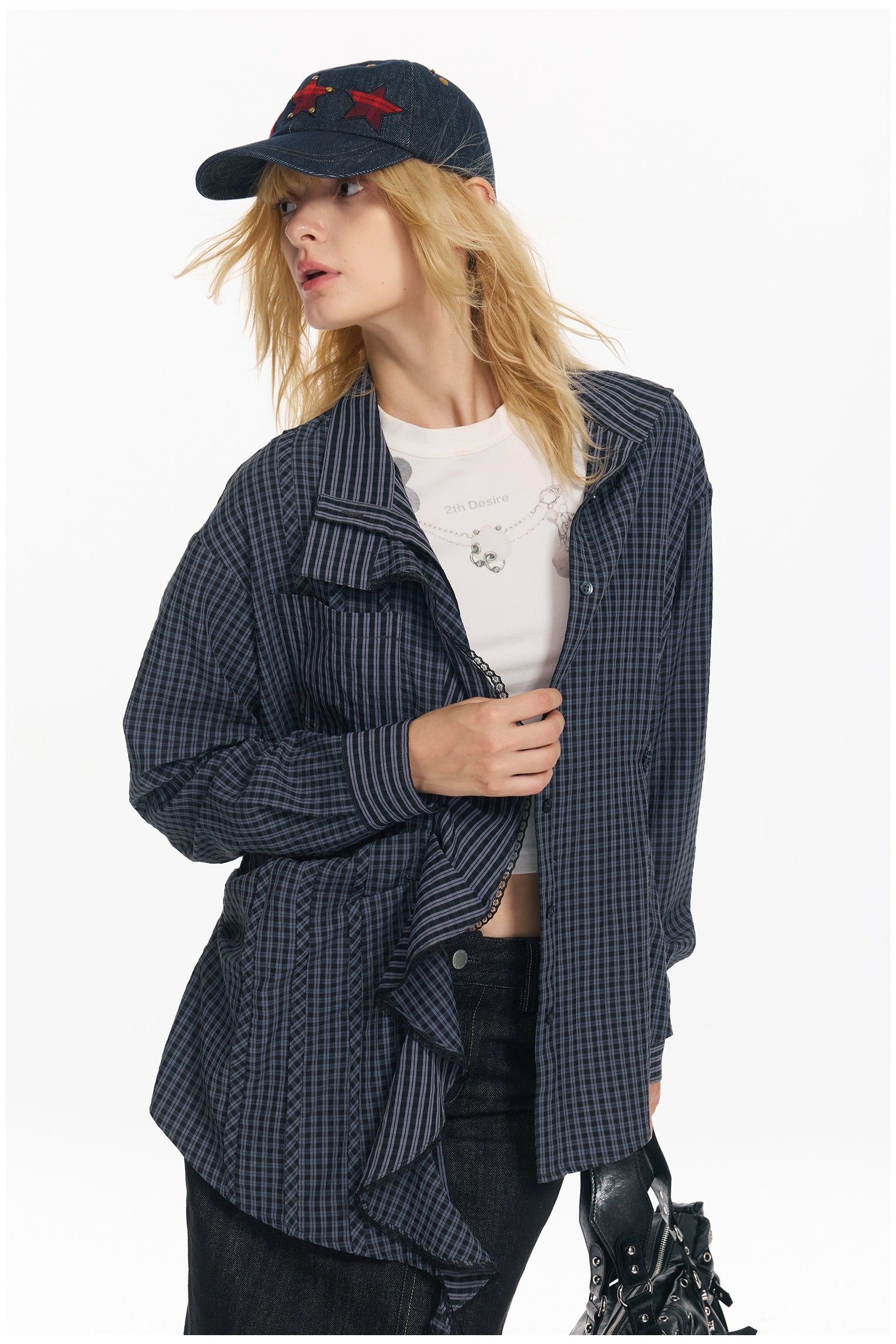 Embroidered Plaid Ruffle-Edge Shirt