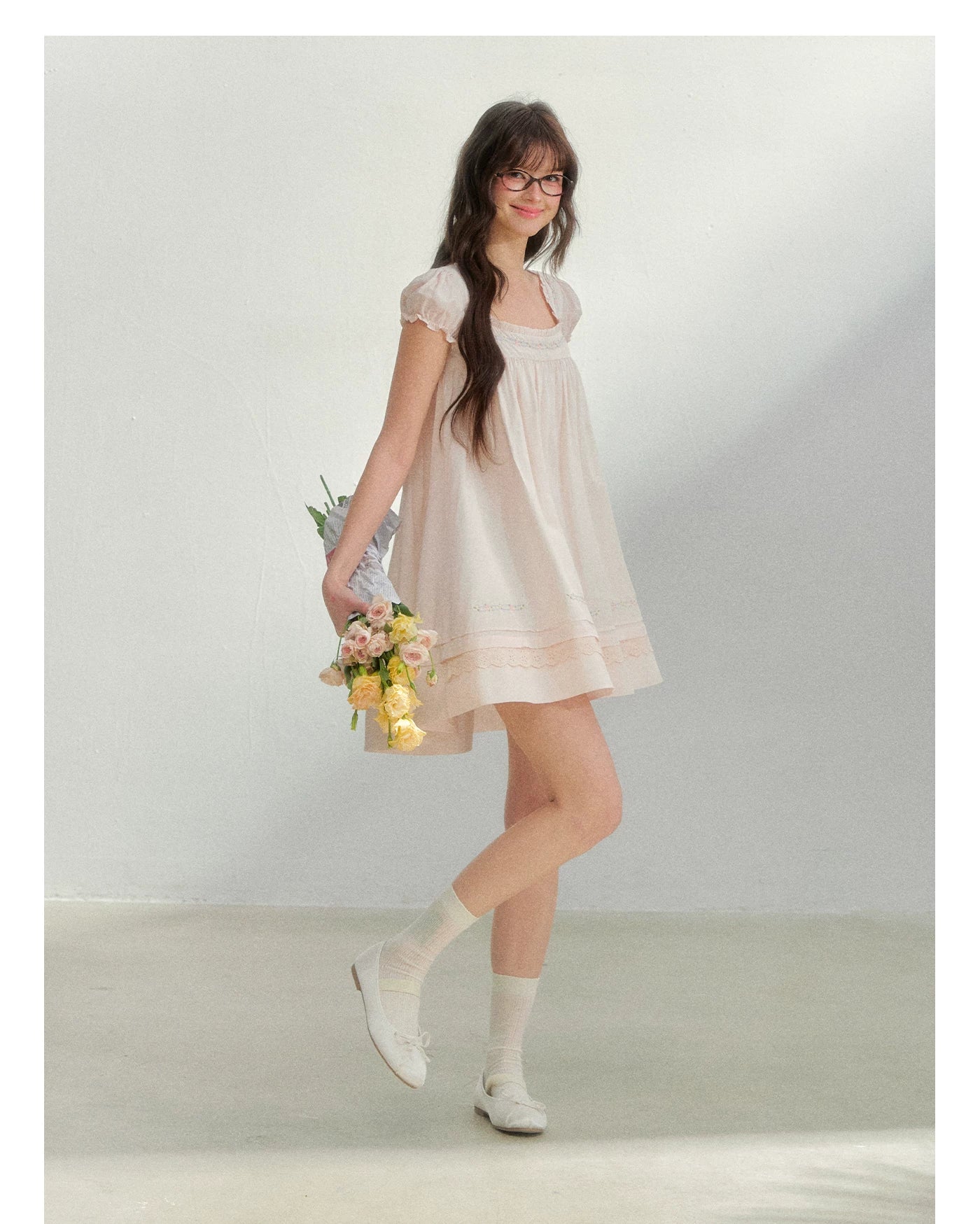 Embroidered Lace Patchwork Babydoll Dress Pink / S