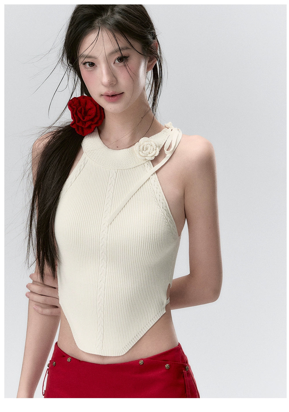 Red &amp; Beige Rose Decor Crewneck Knitted Vest - CHINASQUAD