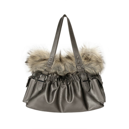 Faux Fox-Trim Structured Tote Bag