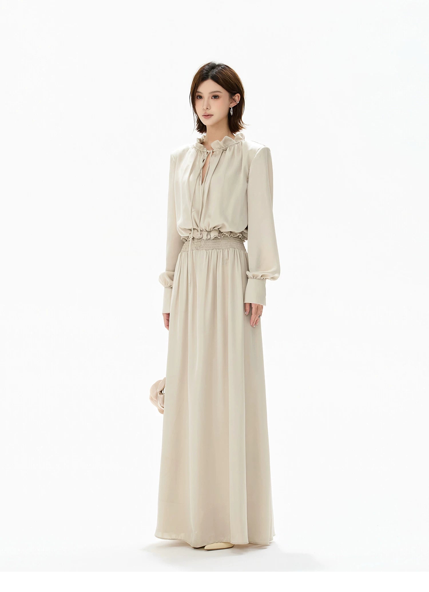Elegant Ruffled Collar Satin Maxi Dress