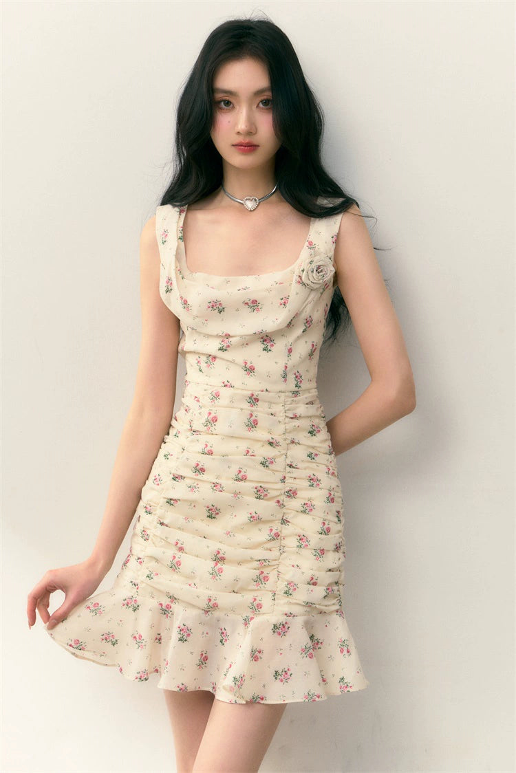 Beige Flower Floral Dress