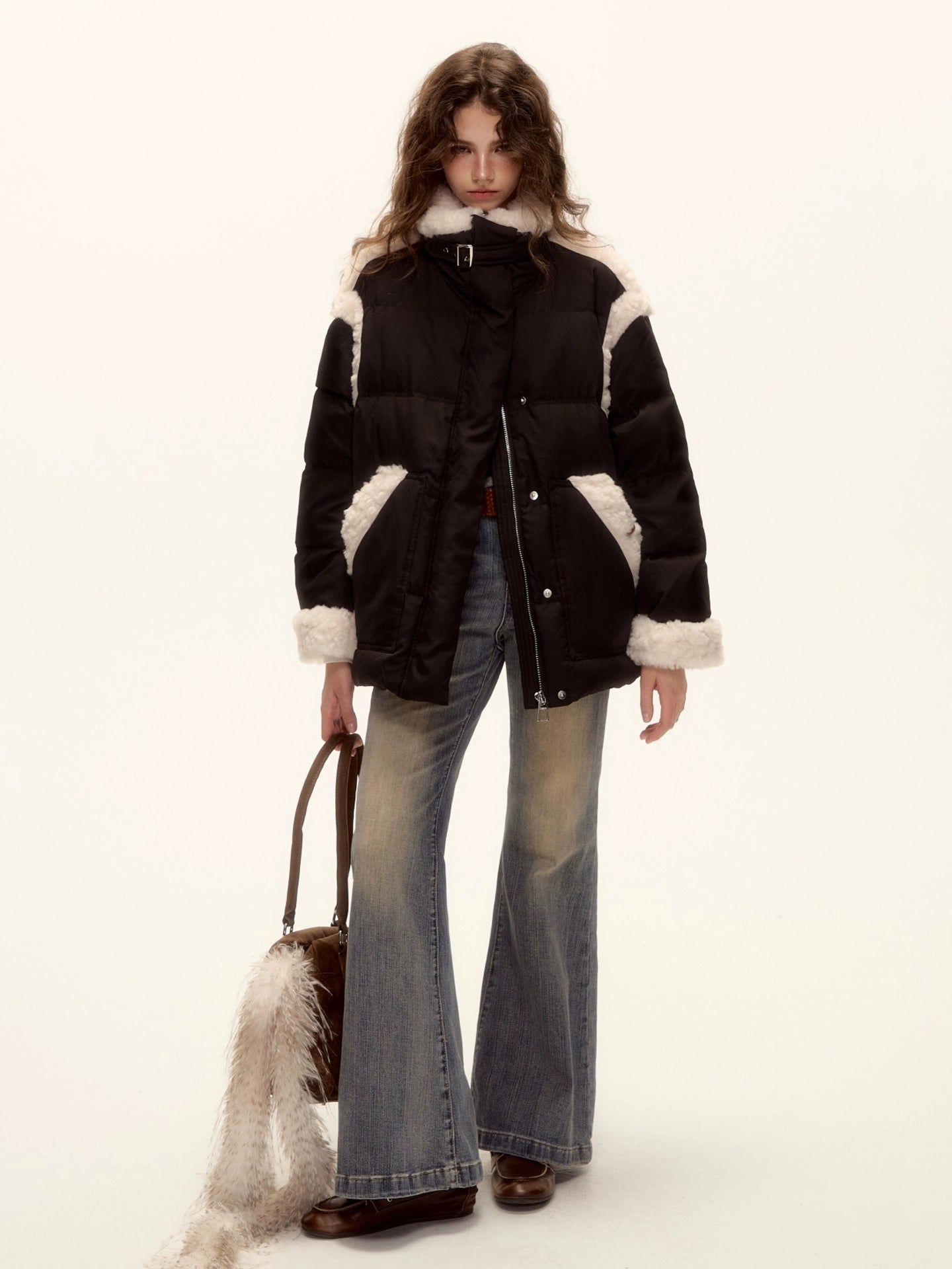 Textured Washed Flared Stretch Denim Pants