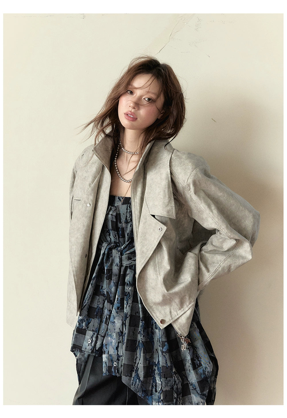 Khaki &amp; Gray Studded Loose-fitting Jacket