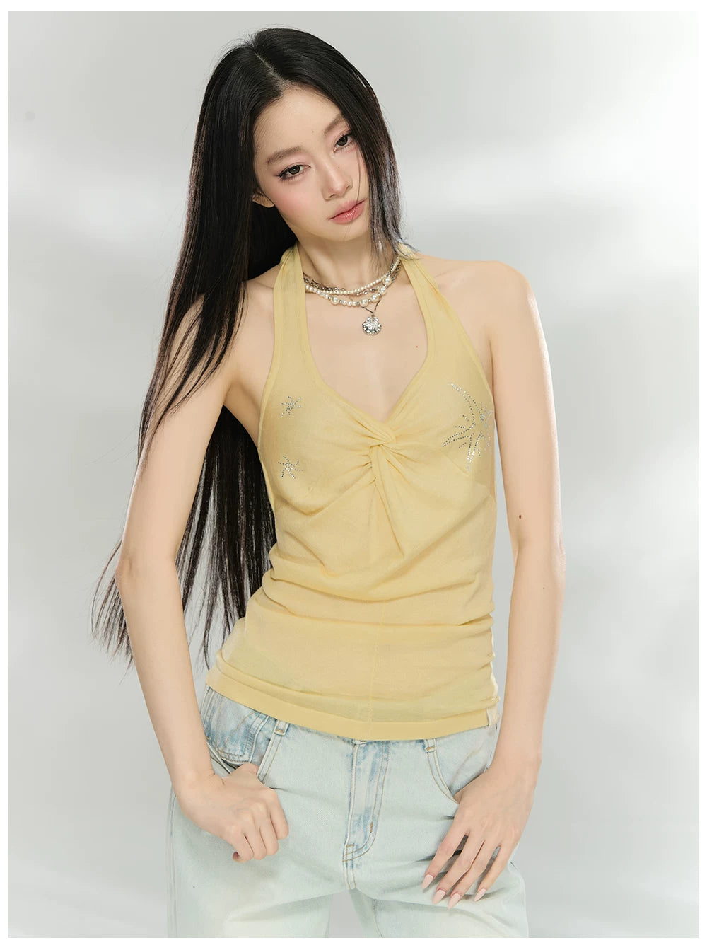 Rhinestone Knot Halter Knit Vest