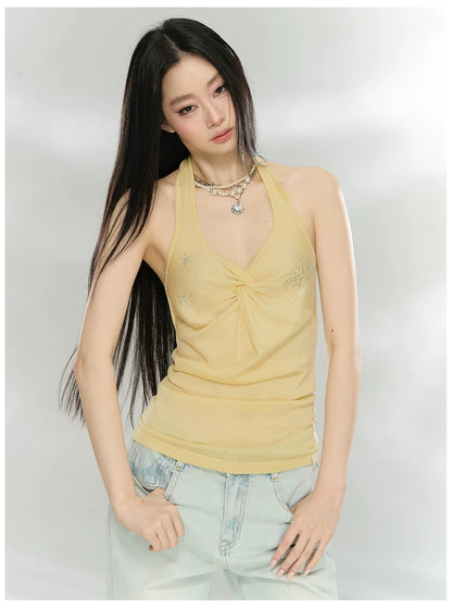 Rhinestone Knot Halter Knit Vest