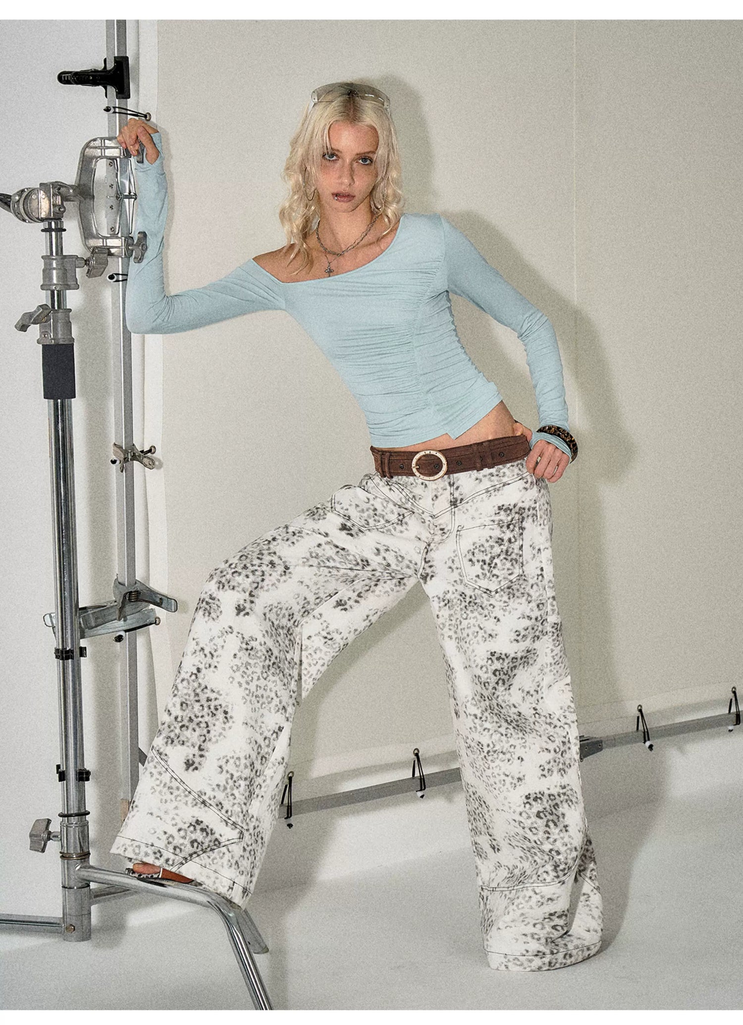 Vintage Leopard-Print Cotton Wide-Leg Jeans