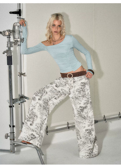 Vintage Leopard-Print Cotton Wide-Leg Jeans