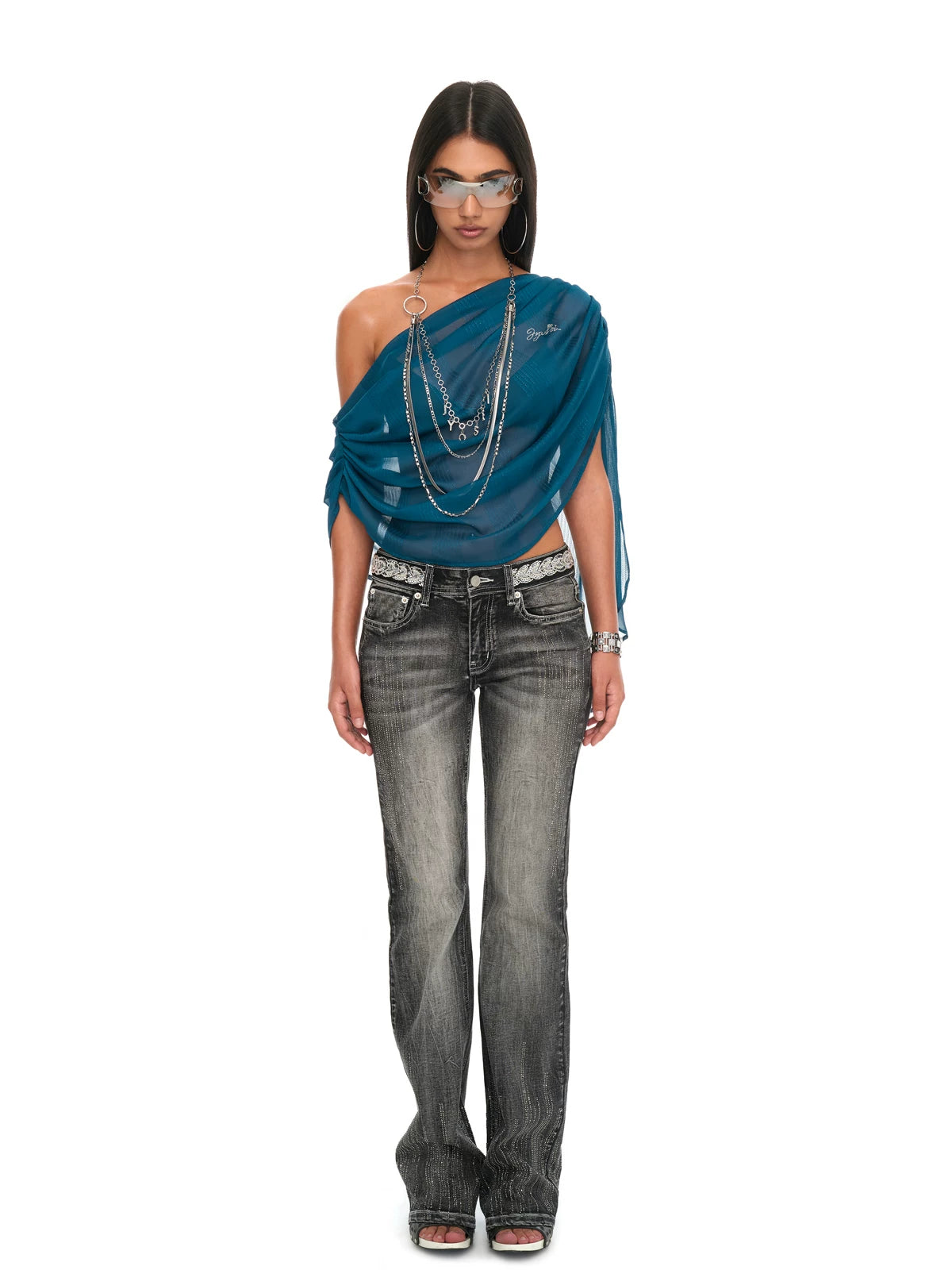 Peacock Blue Draped Off-Shoulder Sheer Chiffon Blouse