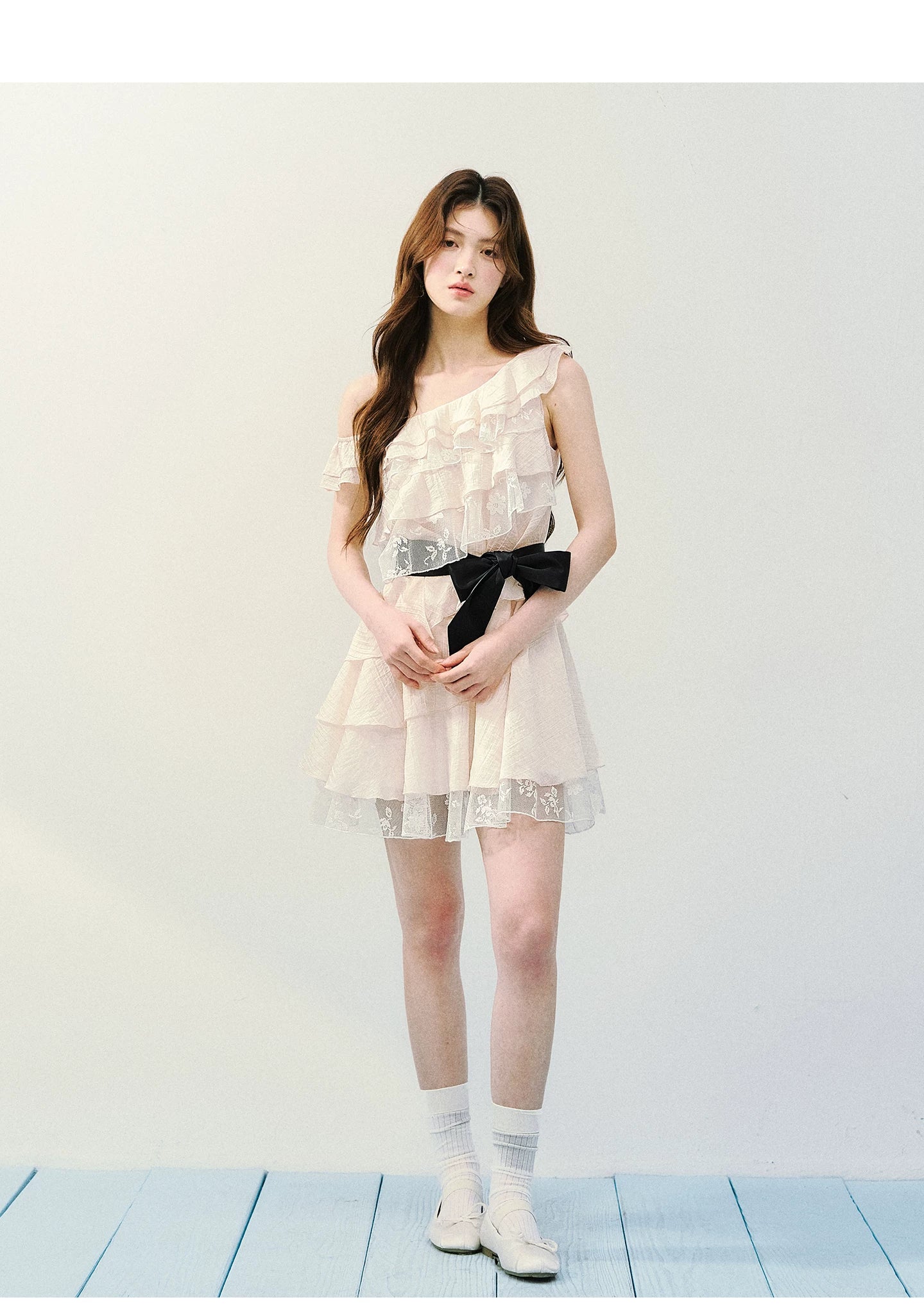 Asymmetric Lace Tiered Ruffle Dress