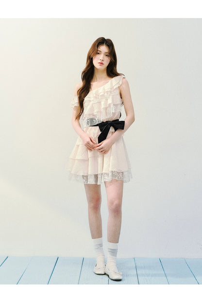 Asymmetric Lace Tiered Ruffle Dress