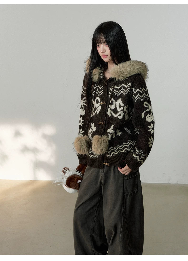 Fair Isle Fur Collar Toggle Buttons Knit Coat