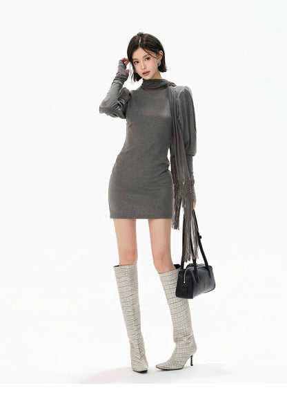 Minimalist Draped Turtleneck Knit Mini Dress with Tassel Ties