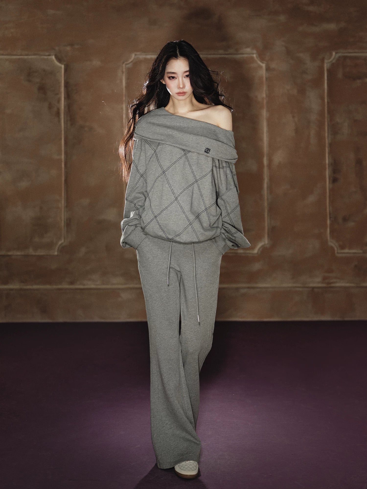 Off-Shoulder Sweatshirt &amp; Flared Wide-Leg Sweatpants Set