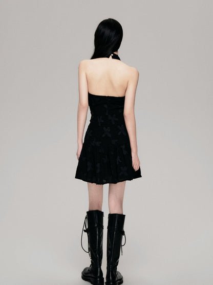 Textured Cut-Out Floral Halter Mini Dress