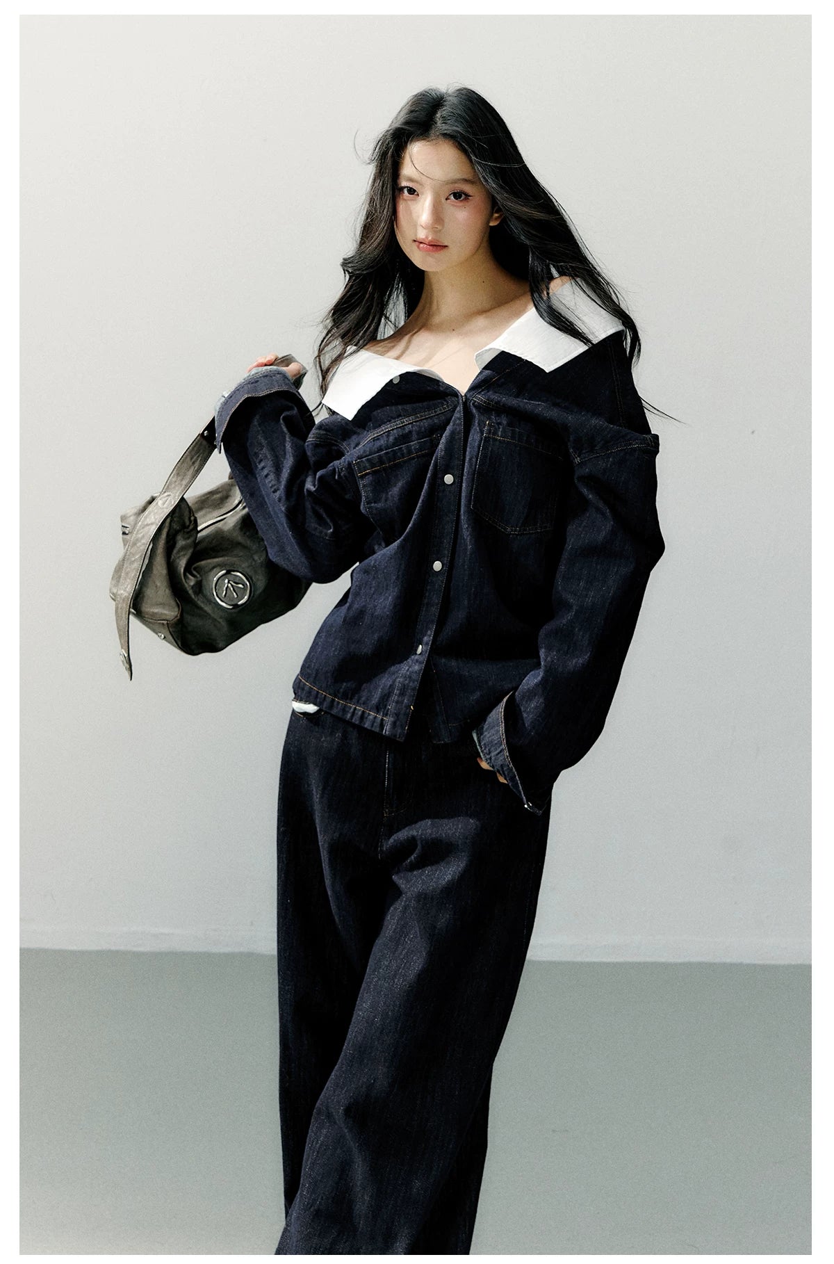 Off-Shoulder Denim Long Sleeve Shirt