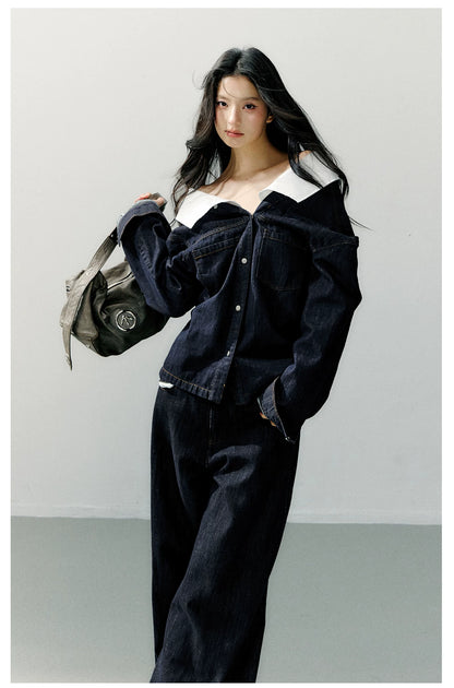 Off-Shoulder Denim Long Sleeve Shirt