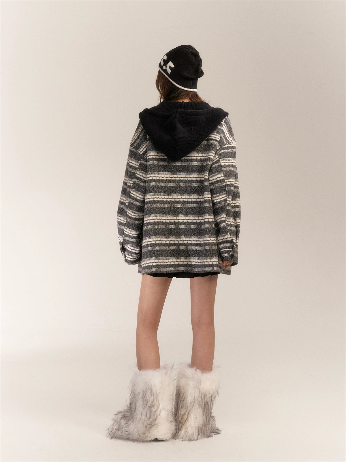 Striped Silver Fox Fur Hoodie Coat