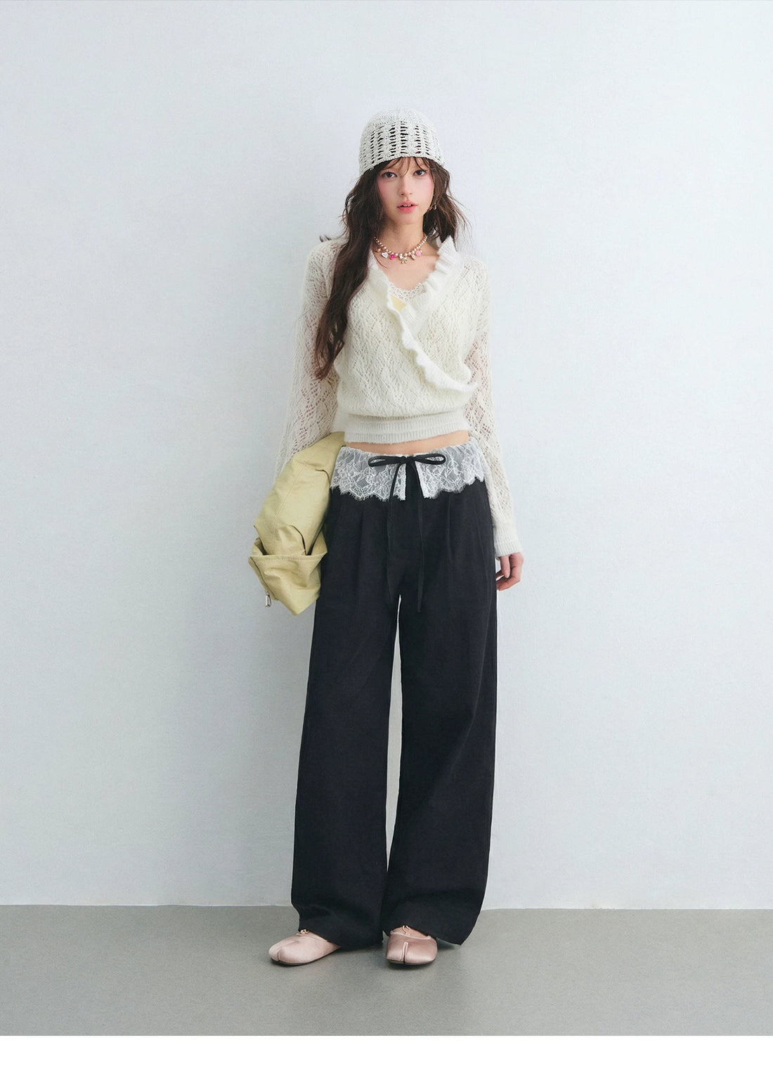 Lace Panel Drawstring Waist Wide-Leg Casual Pants
