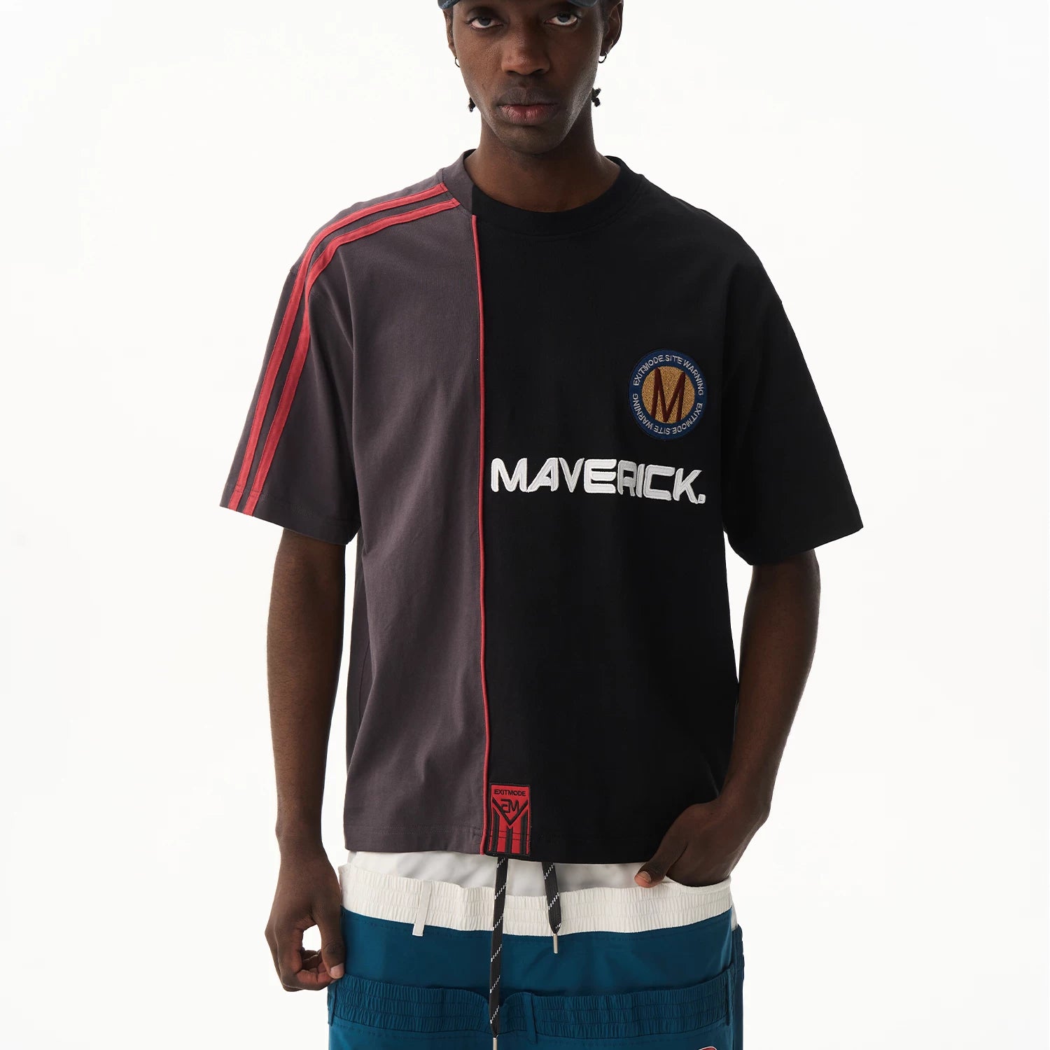 Contrast Panel Tape Embroidered T-Shirt