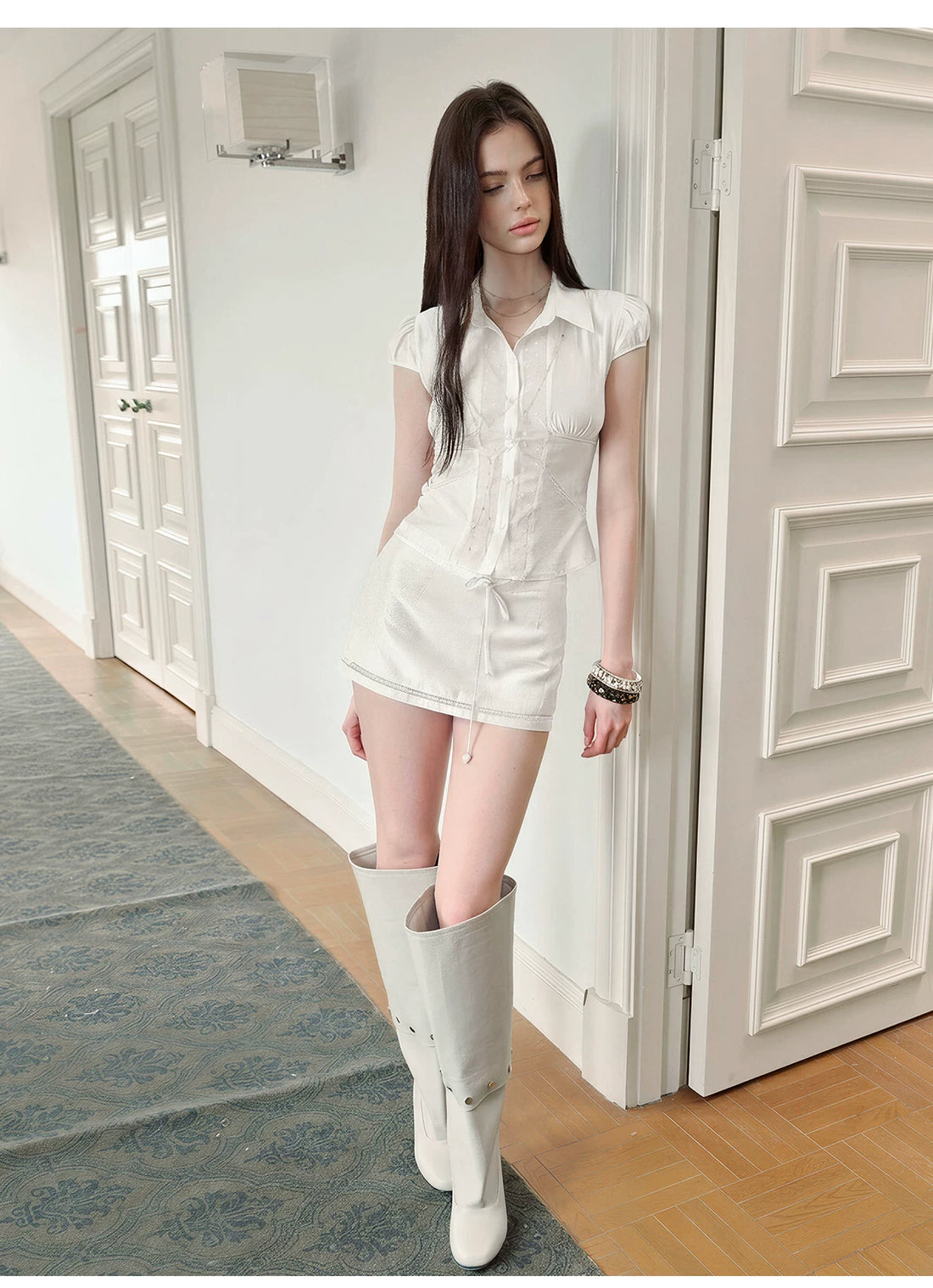Lustrous Acetate Shirt &amp; Mini Skirt Set NeverMore