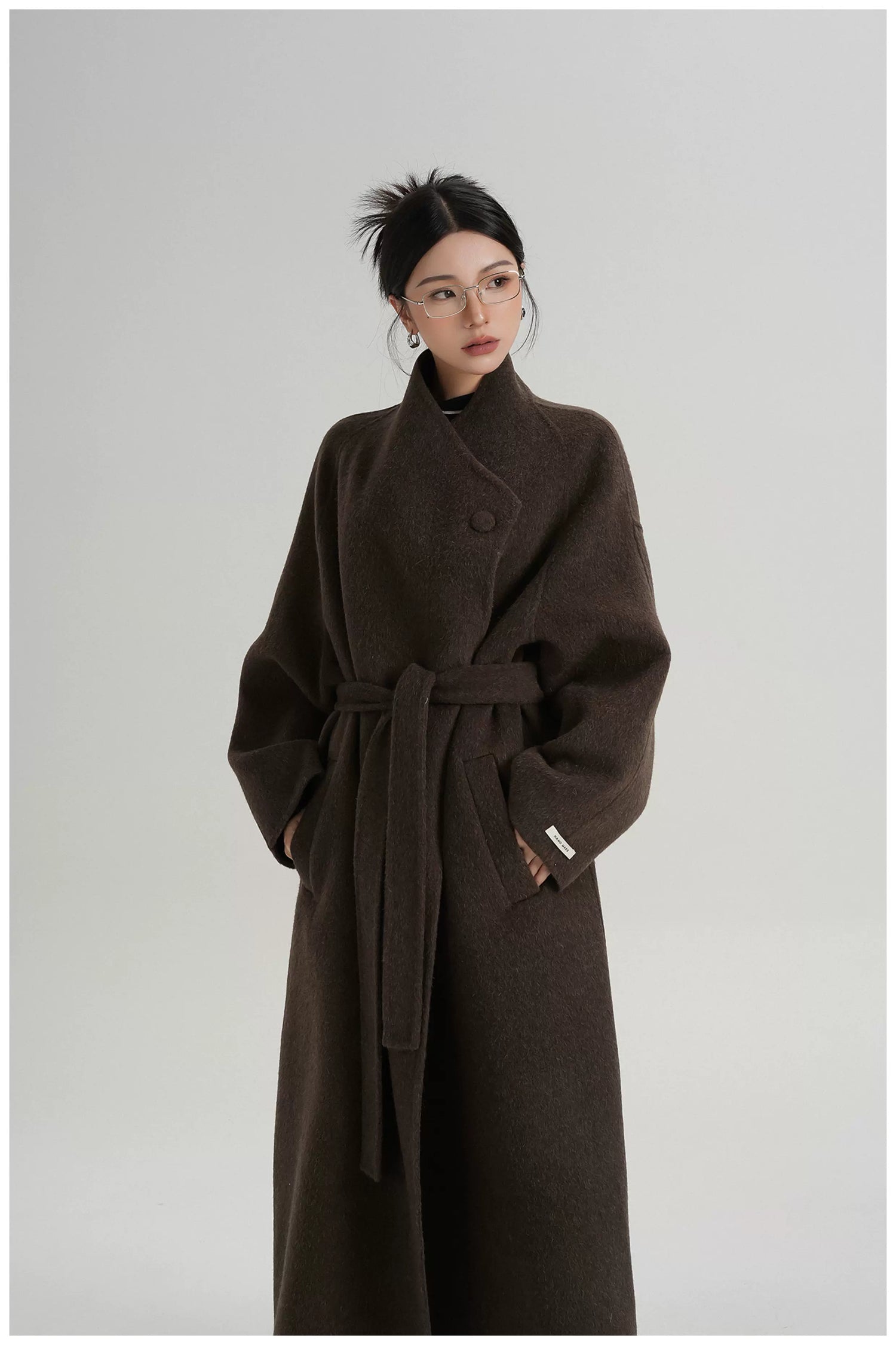 Asymmetric Button Long Wool Coat