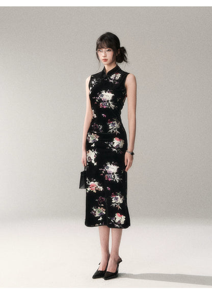 Gilded Velvet Floral Cheongsam Dress