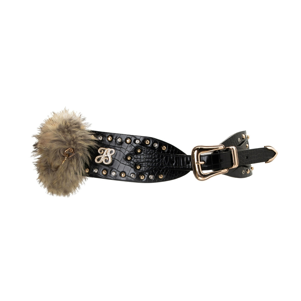 Black Fur-Trim Chain Ring Belt