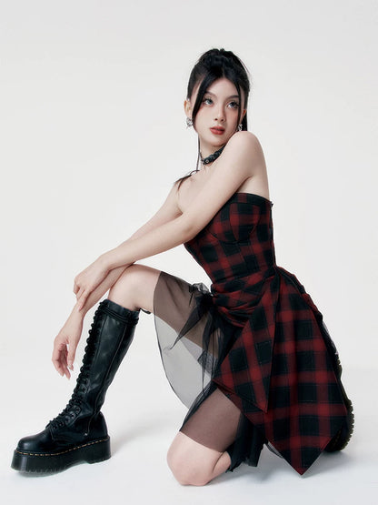 Red-Black Plaid Waist-Defining Dress