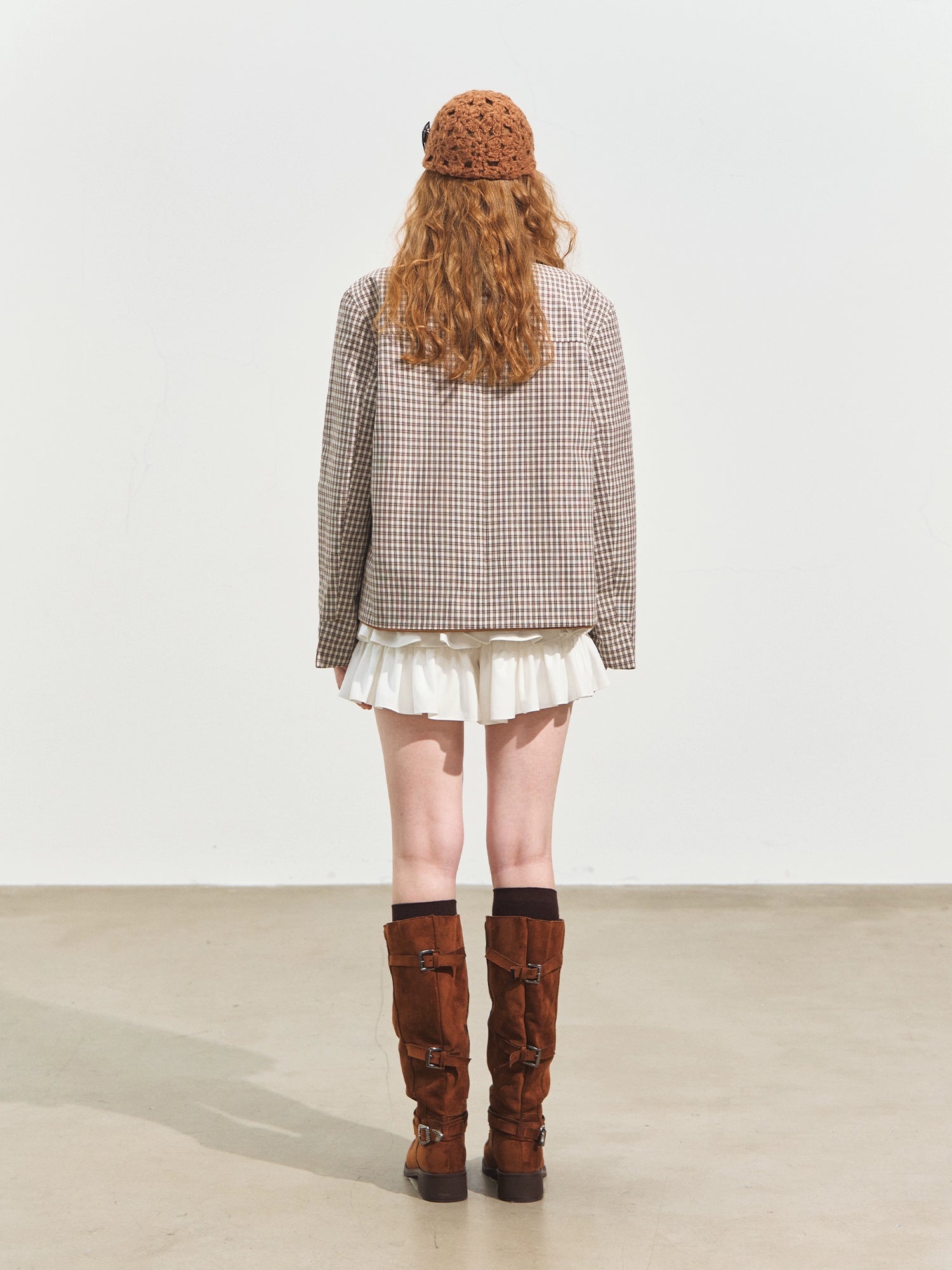 Velvet-Textured Peter Pan Collar Leather Jacket