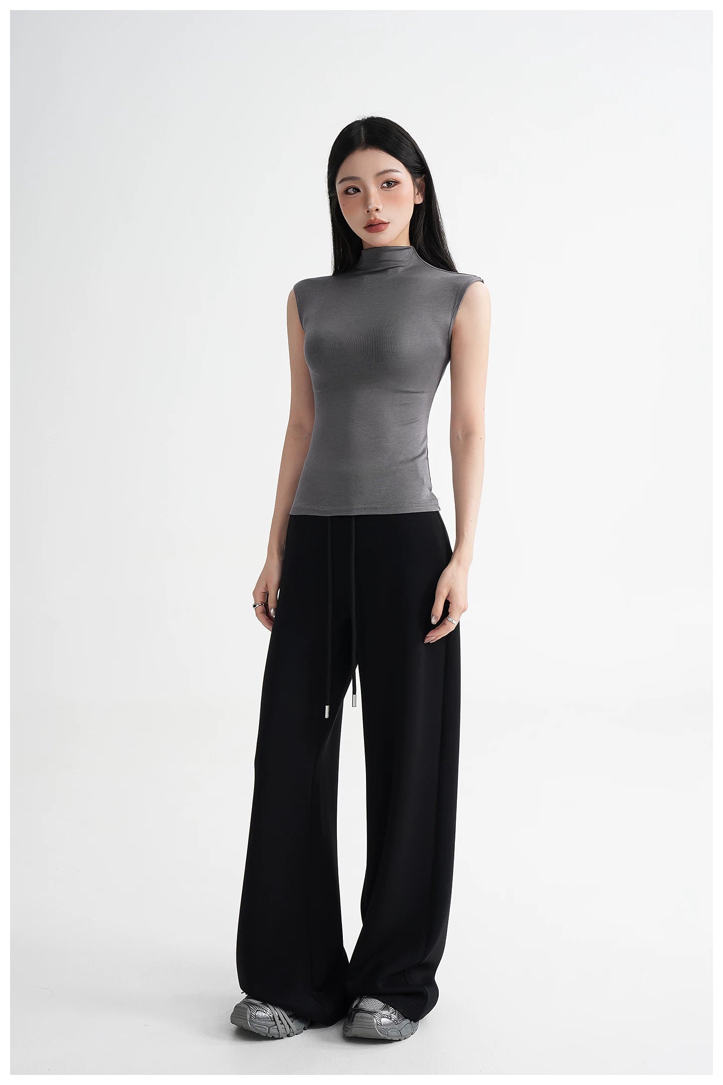 Silk Lyocell High-Neck Sleeveless Fitted T-Shirt