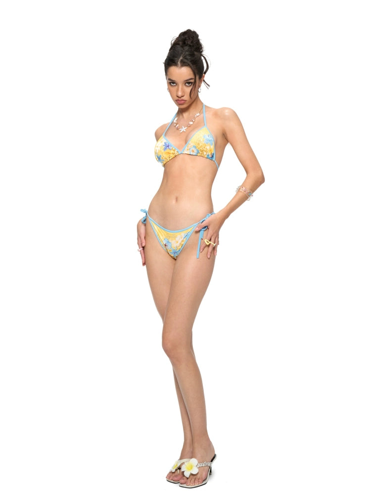 Yellow–Blue Contrast Print Tie Bikini Set